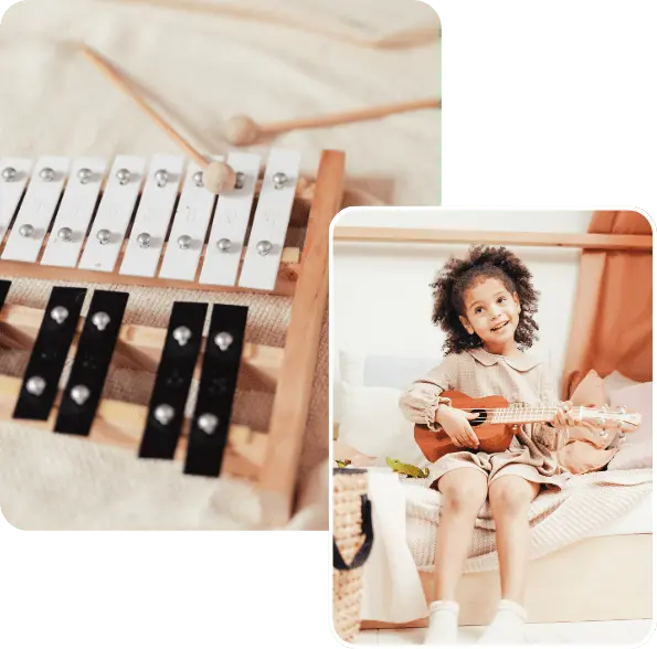 un xylophone et une petite fille qui joue du ukulélé grâce aux pédagogies actives