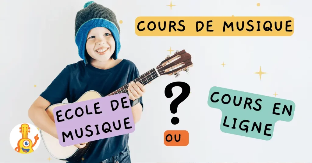 cours de ukulélé en ligne ou bien à l'école de musique. Enfant qui tient un ukulélé