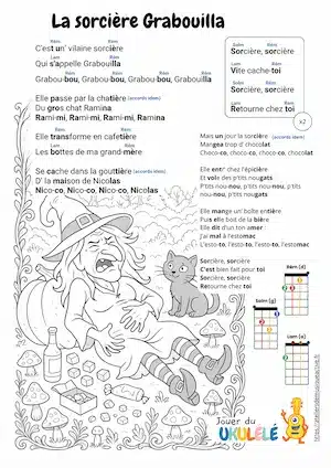 fiche accords et tablatures de la chanson pour enfant la sorcière grabouilla au ukulélé